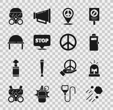 Uçan Taş, Flasher sireni, Polis saldırı kalkanı, Konum barışı, Protesto, Askeri miğfer, Gaz maskesi ve Barış simgesi. Vektör