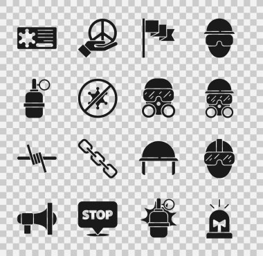 Flasher sirenini, Özel Kuvvetler askerini, gaz maskesini, konum işaretçisini, protestoyu, el bombasını, polis rozetini ve ikonu ayarlayın. Vektör
