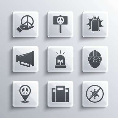 Polis saldırı kalkanı, Protesto, Özel Kuvvetler askeri, Flasher sirenleri, konum barışı, megafon, barış ve el bombası ikonu. Vektör