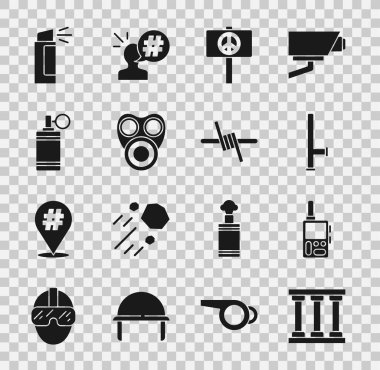 Hapishane penceresi, telsiz, polis lastik copu, Barış, Gaz maskesi, el bombası, biber gazı ve dikenli tel ikonu. Vektör