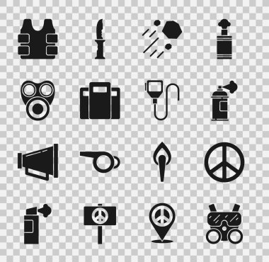 Gaz maskesi, barış, boya spreyi, uçan taş, polis saldırı kalkanı, kurşun geçirmez yelek ve telsiz ikonu. Vektör