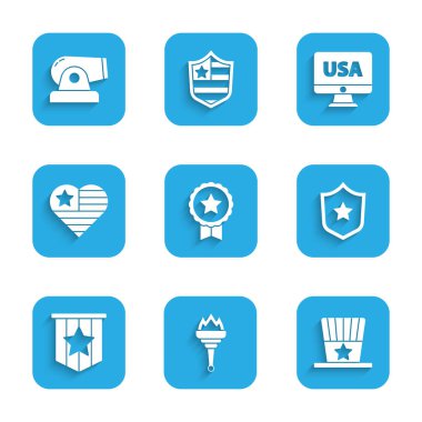 Yıldız, Meşale Alevi, Vatansever Amerikan silindir şapkası, polis rozeti, bayrak, ABD Bağımsızlık Günü, monitörde ve Top ikonu. Vektör