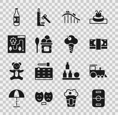 Hokey masası, oyuncak tren, kağıt para, hız treni, dondurma kasesi, eğlence parkı haritası, bir şişe su ve waffle konisi ikonu. Vektör