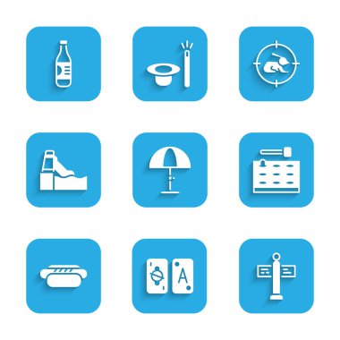 Güneş koruma şemsiyesi, Tarot kartları, trafik levhası, oyun makinesi, Hotdog, su kaydırağı, hedefli tavşan avı ve bir şişe su ikonu. Vektör