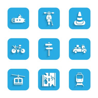 Trafik levhası, bozuk yol, tren ve tren yolu, teslimat kamyonu, kablolu araba, bisiklet, trafik konisi ve denizaltı ikonu. Vektör