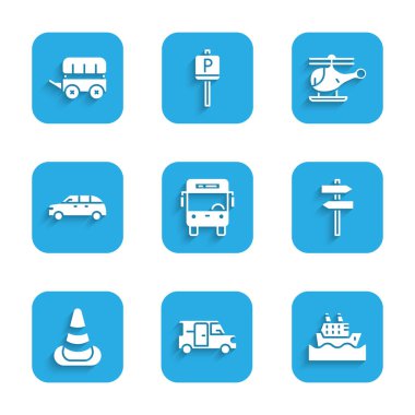 Otobüs, Minibus, gezi gemisi, trafik levhası, trafik konisi, Hatchback arabası, helikopter ve Vahşi Batı araba ikonu. Vektör