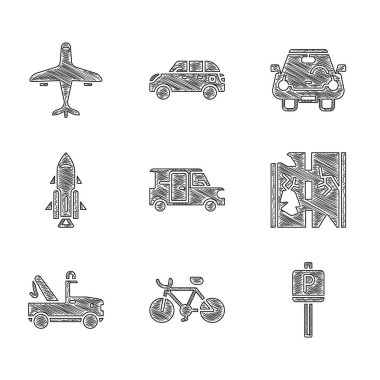 Minibus, Bisiklet, Otopark, Bozuk Yol, Çekici, Ateşli Roket Gemisi, Araba ve Uçak ikonu. Vektör