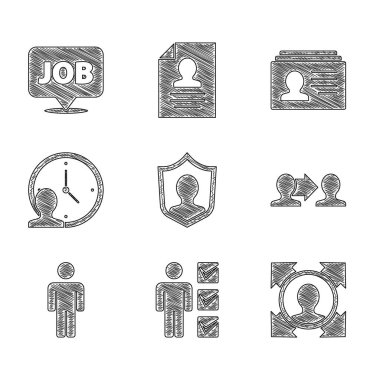 Kullanıcı koruması ayarlayın, takım elbiseli adam, kelle avcılığı, Proje ekibi üssü, Zaman Yönetimi, İş simgesi ile Özgeçmiş ve Konuşma baloncuğu. Vektör