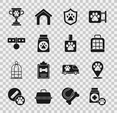 Yiyecek çantası, konum veterineri, hayvan taşıma çantası, hayvan sağlığı sigortası yakalı yaka kartı, ödül ve şampuan ikonu. Vektör