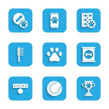 Paw print, tenis topu, evcil hayvan ödülü, konserve yiyecek, yaka etiketli yaka, evcil hayvan ilacı, köpek hapı ve ikon. Vektör
