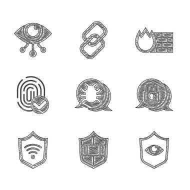 Sistem hatasını, tuğladan duvarı ve gözü olan kalkanı, Siber güvenliği, kablosuz bağlantıyı, parmak izini, güvenlik duvarını ve göz tarama ikonunu ayarla. Vektör