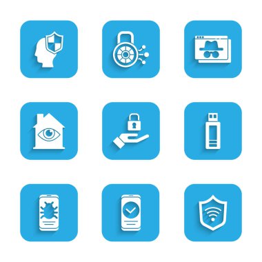 Elinde kilit, akıllı telefon, kablosuz kablosuz kalkan USB flash bellek, sistem böceği mobil, ev göz taraması, tarayıcı takma adı pencere ve baş kalkan simgesi olan bir kalkan ayarla. Vektör