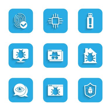 Tarayıcı takma adını, sistem hatasını, ev sistemini, göz taramasını, USB flash diskini ve parmak izi simgesini ayarla. Vektör