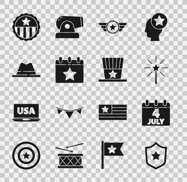 Комплект полицейского значка, календарь с датой 4 июля, фейерверк, звездная американская армия, георгиевская ленточка, звезда Медала и иконка на вершине. Вектор — стоковый вектор