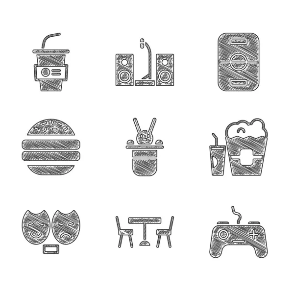 Set Magician καπέλο και κουνέλι, τραπέζι πικνίκ με καρέκλες, Gamepad, Popcorn σε κουτί γυαλί, Comedy τραγωδία μάσκες, Burger, Χόκεϊ και χάρτινο εικονίδιο νερού. Διάνυσμα — Διανυσματικό Αρχείο