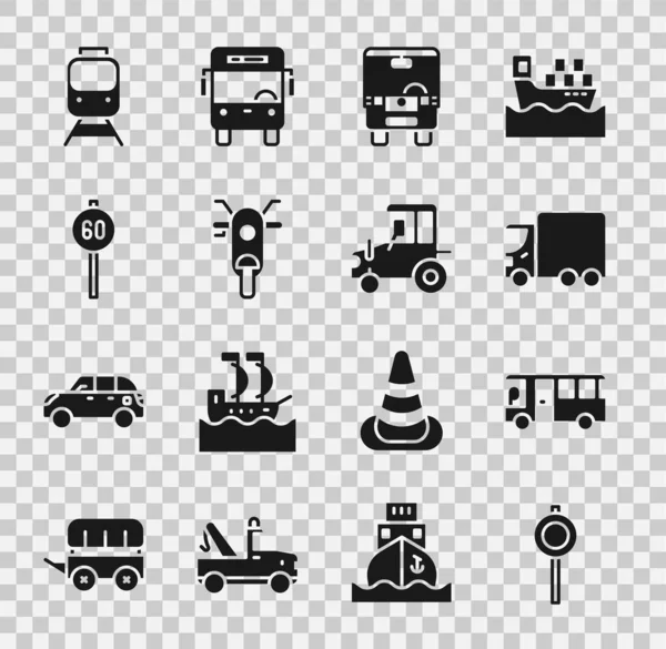 Definir sinalização de tráfego rodoviário, ônibus, caminhão de carga de entrega, Scooter, limite de velocidade, Trem e ferroviário e ícone do trator. Vetor — Vetor de Stock