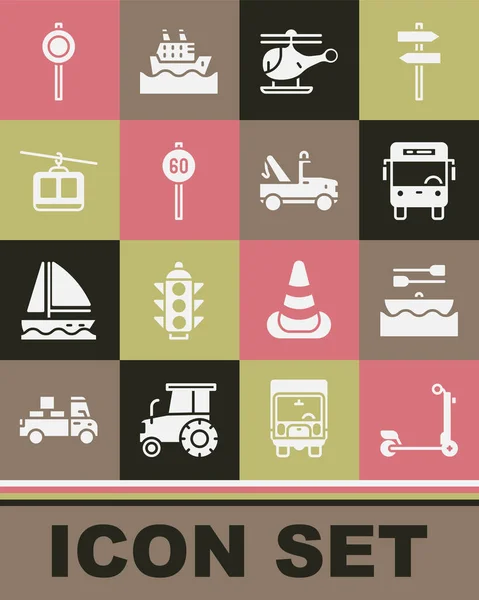 Definir Scooter, Barco com remos, Ônibus, Helicóptero, Velocidade limite de tráfego, Carro a cabo, Road signpost e reboque ícone caminhão. Vetor —  Vetores de Stock