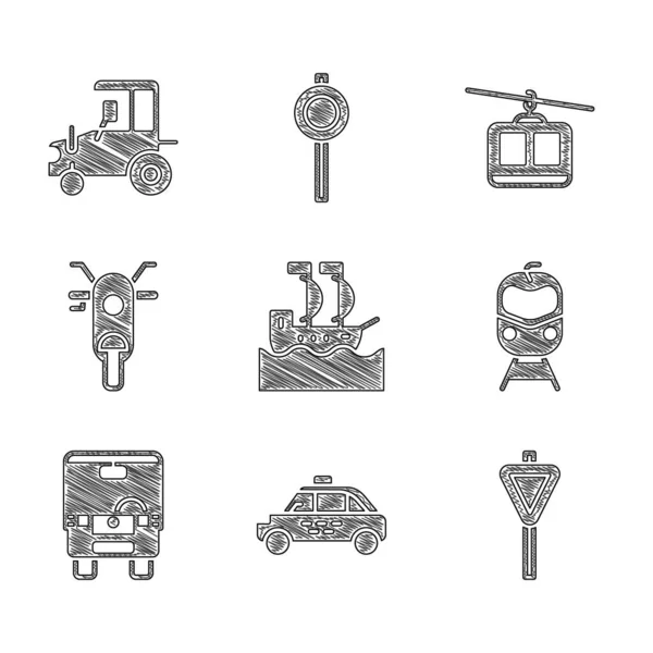 Setzen Sie Segelboot, Taxiauto, Wegweiser für den Straßenverkehr, Zug und Eisenbahn, Bus, Motorroller, Seil und Traktor Symbol. Vektor — Stockvektor