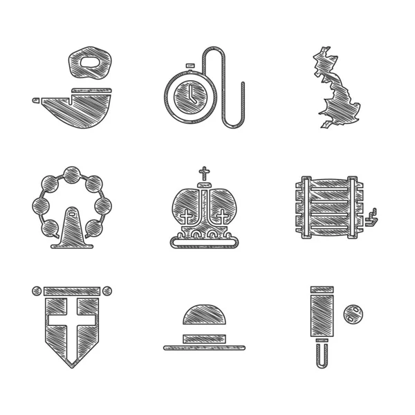 Set corona británica, sombrero de mujer elegante, palo y pelota de cricket de madera, barril de madera, bandera de Inglaterra en banderín, ojo de Londres, mapa y el icono de pipa de fumar. Vector — Vector de stock