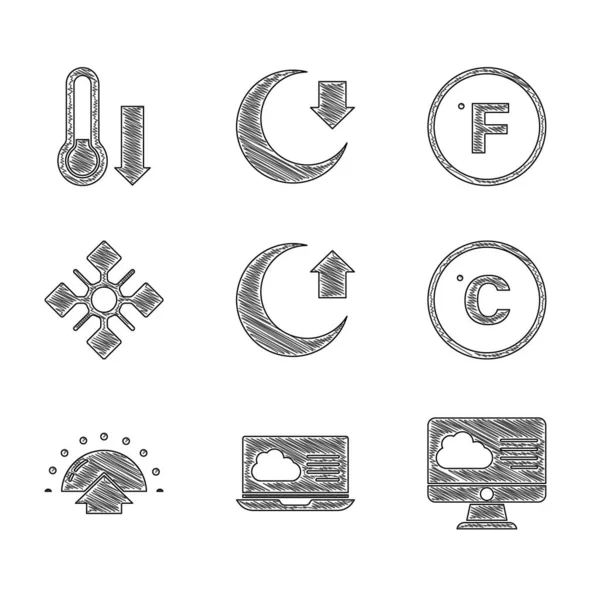 Set Moon, Időjárás előrejelzés, Celsius, Sunrise, Hópehely, Fahrenheit és Meteorológiai hőmérő ikon. Vektor — Stock Vector