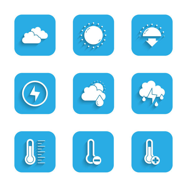 Set Cloud with rain and sun, Meteorology thermometer, lightning, Lightning bolt, Sunset and icon. Vector