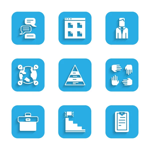 Set Pyramidendiagramm-Infografiken, Treppe mit Zielflagge, Zwischenablage Checkliste, Projektteam Basis, Aktenkoffer, Standort auf dem Globus, Arbeiter und Sprechblase Chat-Symbol. Vektor — Stockvektor