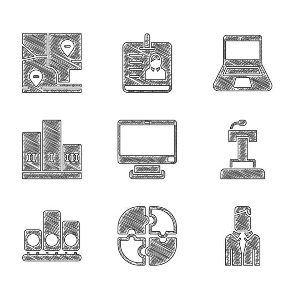 Set moniteur d'ordinateur, morceau de puzzle, travailleur, tribune de stand de scène, étoile de classement, Prix sur le podium gagnant, ordinateur portable et carte pliée avec icône de localisation. Vecteur — Image vectorielle