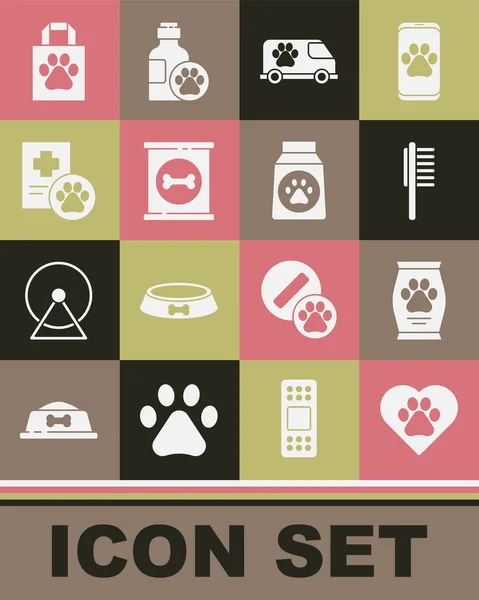 Set Corazón con huella animal, Bolsa de comida, Mascotas vial médico, Ambulancia veterinaria, Enlatado, Historial clínico mascota, Bolsa de la compra y el icono. Vector — Archivo Imágenes Vectoriales