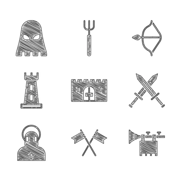 Állítsa középkori várkapu, Átkelt középkori zászló, trombita, kard, szerzetes, vártorony, íj és nyíl és hóhér maszk ikon. Vektor — Stock Vector