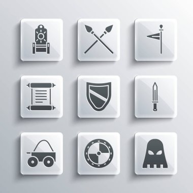 Yuvarlak tahta kalkan, cellat maskesi, ortaçağ kılıcı, kalkanı, tahta dört tekerlek arabası, ferman, parşömen, parşömen, taht ve bayrak ikonu. Vektör