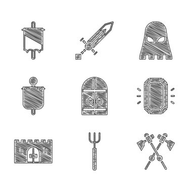 Ortaçağ kale kapısı, bahçe yabası çapraz ortaçağ baltaları, elmas, bayrak, cellat maskesi ve simgesi. Vektör