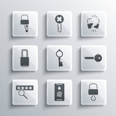 Cep telefonunu parmak izi taraması, kilit ve anahtar, anahtar, anahtar, eski, şifre koruması, maymuncuk ve kırık ikon için ayarla. Vektör