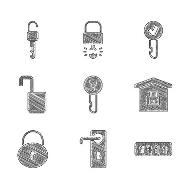 Tanımlanmamış anahtar, kapı kolu, şifre koruması, altında ev, kilit, kilidi aç, anahtar ve kilidi aç simgesi. Vektör