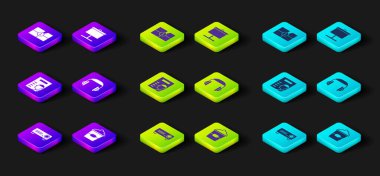 Film, film, medya projektörü, kutuda patlamış mısır, sinema afişi, kulaklıklar, projeksiyon ekranı ve eski film geri sayım çerçeve simgesi. Vektör