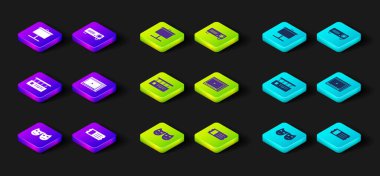 Komedi ve trajedi maskeleri, sinema bileti, film alkışları, çevrimiçi oyun videosu, film, film, medya projektörü ve projeksiyon ektörü ikonu. Vektör