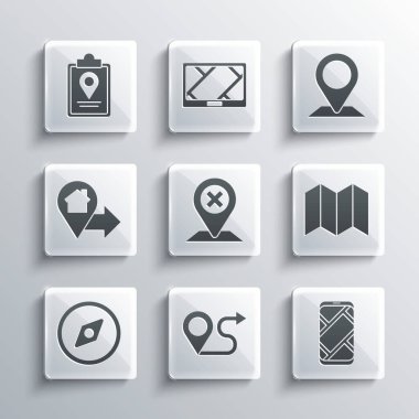 Yol konumu, şehir haritası navigasyonu, Katlanmış, Konum, Pusula, ev, işaret ve simge ile ayarlayın. Vektör