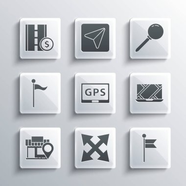 Yol trafik işaretini, konum işaretçisini, harita navigasyonunu, GPS cihazını, mağazayı, paralı yolu ve pin simgesini ayarla. Vektör