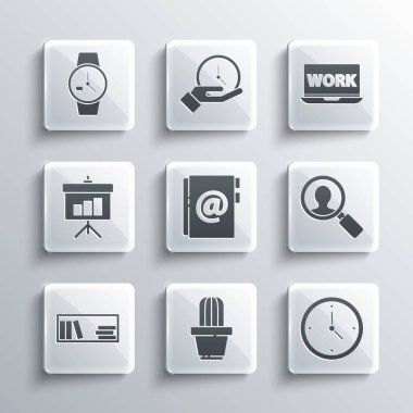 Kaktüs ve sulu otlar, saat, arama görevlileri için büyüteç, adres defteri, kitaplı raf, yazı tahtası diyagramı, bilek saati ve dizüstü bilgisayar metin ikonu. Vektör