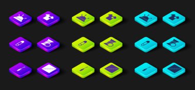 Awl aracı, dikiş deseni, güvenlik iğnesi, iplik ve düğme, tişört ve iğne iğnesi ikonu. Vektör