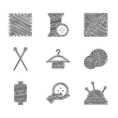 Askı dolabını, dikiş düğmesini, iğneyi, iğneyi ipliği, ipliği, örgüyü, deseni ve deri ikonunu hazırlayın. Vektör