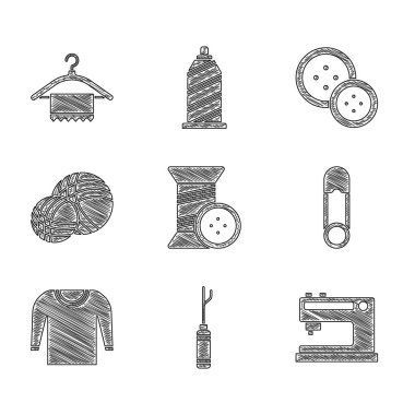 Dikiş ipliği ve düğmesini, Awl aletini, makineyi, emniyet iğnesini, kazağı, iplik yumağını ve elbise askısı simgesini ayarlayın. Vektör