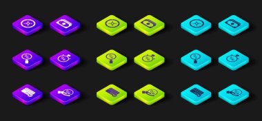 Kredi kartı, indirimli yüzde etiketi, büyüteç, Kronometre ve kağıt para ve kasa simgesini ayarla. Vektör