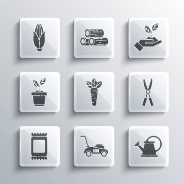 Çim biçme makinesi, su bidonu, bahçe yapımı el yapımı makas, havuç, gübre torbası, saksı, mısır ve çevre ikonu. Vektör