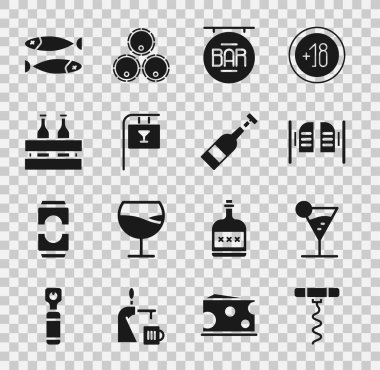 Şarap tirbuşonu, martini bardağı, bar kapısı, barlı sokak tabelası, bira şişesi paketi, kurutulmuş balık ve açık şarap ikonu. Vektör