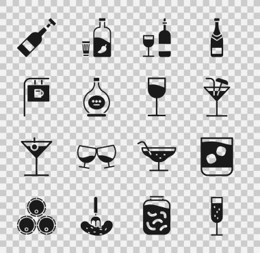 Şampanyayı, viskiyi, kokteyli, bardaklı şarap şişesini, konyağı ya da brendiyi, sokak tabelasını, açık şarap ve ikonu hazırla. Vektör