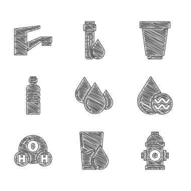 Su damlası, su bardağı, yangın musluğu, temiz su geri dönüşümü, H2O 'nun kimyasal formülü, bir şişe filtre kartuş ve musluk simgesi. Vektör