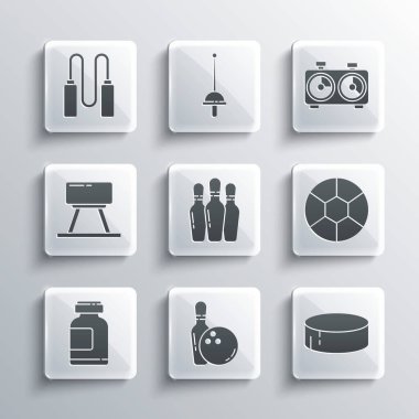 Bowling pimi ve topu, hokey diski, futbol, spor beslenme, Pommel atı, atlama ipi ve satranç saati ikonu. Vektör