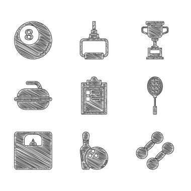 Spor antrenman programı, bowling pin ve topu, Dumbbell, Tenis raketi, Banyo terazisi, Curling sporu için Stone, Ödül kupası ve bilardo bilardo bilardo ikonu. Vektör