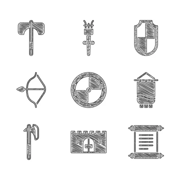 Set Escudo de madera redonda, Puerta medieval del castillo, Decreto, pergamino, pergamino, bandera, hacha, arco y flecha, escudo e icono. Vector — Archivo Imágenes Vectoriales