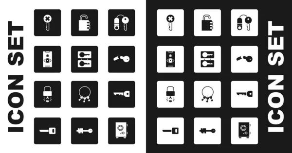 Set Huis met sleutel, Gietsleutels, Oogscan, Verkeerd, Gebroken, Veilig combinatieslot, Sleutel en brak binnenkant van hangslot pictogram. Vector — Stockvector